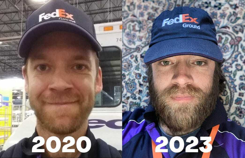 me looking happy in 2020 and haggard in 2023