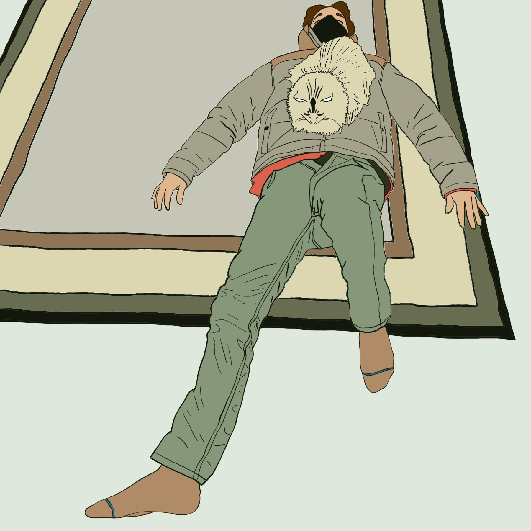 A person is lying on a bed with their head resting on a pillow, wearing a jacket with a fur hood.